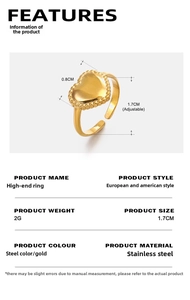Detail of golden heart ring with dimensions, 0.8cm width and adjustable band size