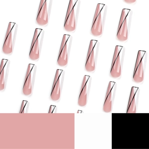 Minimalist French style long coffin press-on nails with pink geometry and black lines
