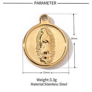 Polished stainless steel Virgin Mary pendant showing 18mm by 15mm dimensions