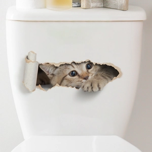 3D realistische bruine cyperkat sticker die uit een gat komt voor toiletstorting
