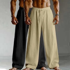 Pantalon décontracté en coton et lin pour hommes en noir et beige avec cordon