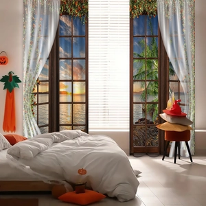 Detailed beach sunset landscape print on heavy polyester blackout curtains in a bedroom