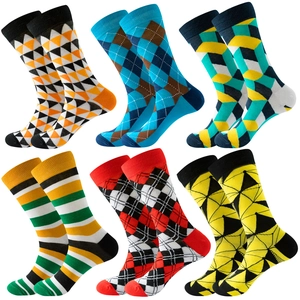 6-pack of men's crew socks featuring colorful geometric patterns and striped designs