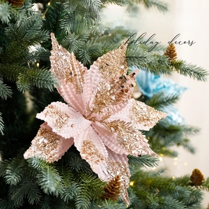 Christmas Artificial Flowers Velvet Poinsettia Glitter Sequins For Christmas Tree Decoration DIY Holiday Party Decor