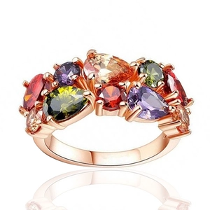 Colorful gemstone ring in rose gold finish with cluster of drop-shaped multi-color zircons