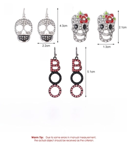 Detailed size and weight specs for Halloween skull and BOO letter earrings