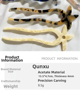 Detail view of acetate U-shaped hair fork showing dimensions 13.5x4.7cm and thickness 4mm