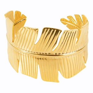 18k gold plated stainless steel open cuff bracelet with tropical leaf texture design
