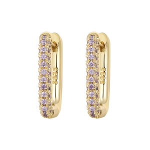 Macro view of gold S925 sterling silver hoop earrings set with purple zircon stones