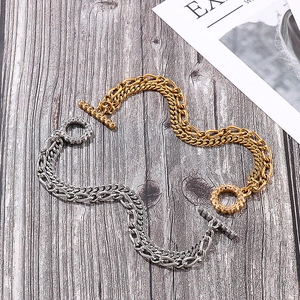 Industrial style double-layered heavy link chain bracelet with OT toggle clasp in gold and silver