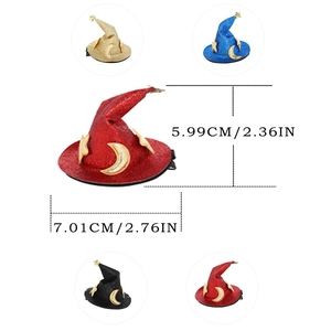 Mini witch hat hair clips for Halloween in multiple glitter colors with size dimensions
