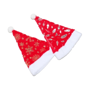 Detail of red plush Christmas hats with gold snowflake and silver feather patterns