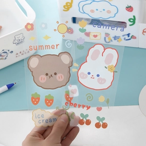 Cute waterproof cartoon stickers featuring bears and rabbits on transparent PVC material