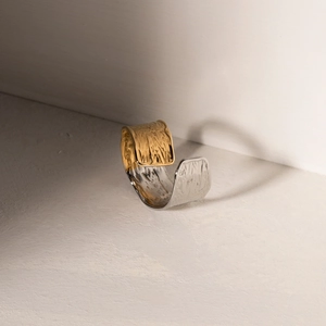 Modern two-tone hammered stainless steel wide open ring with gold and silver finish