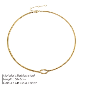 Minimalist stainless steel 14K gold snake chain necklace with central knot design