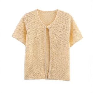 Women's lightweight short sleeve knit cardigan in beige with hollow out design pattern