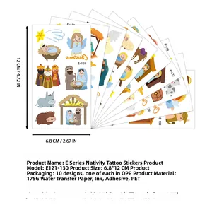 Detailed fan layout of 10 waterproof Nativity theme Christmas temporary tattoo stickers