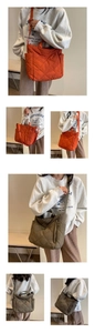 Quilted nylon tote bag shown in orange and army green as crossbody and shoulder styles