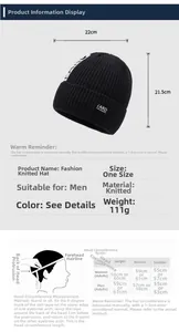Size chart and dimensions for winter knit beanie with head circumference measurement guide