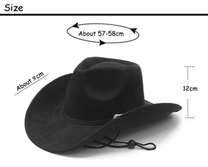Size chart for the black faux suede cowboy hat with 57-58cm circumference and 9cm brim