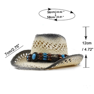 Handgewebter Stroh-Cowboyhut mit Perlen und Größenangaben für den sommerlichen Sonnenschutz