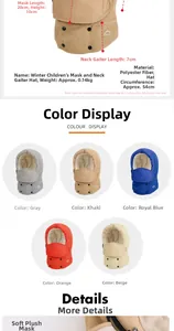 Detailed view of children's winter fleece hood with neck warmer and size specifications