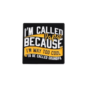 Square enamel metal brooch with humorous text for Father's Day, black and white finish