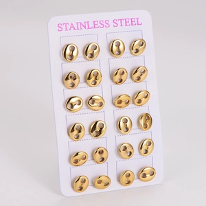 Set of 12 pairs gold stainless steel coffee bean stud earrings on display card