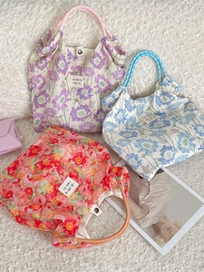 Floral Tote Bag Polyester Canvas Style Handbag With Woven Handles Snap Button Daily Casual Pastoral For Women