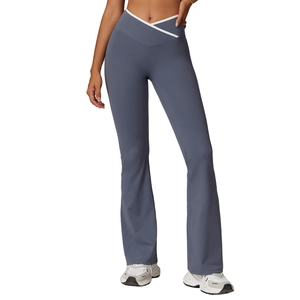V-Cross Yogahose mit hoher Taille in Dunstblau, ausgestelltem Bein und weißem Saum