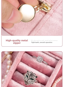 Macro detail of a pink velvet jewelry box showing a gold zipper and ring storage compartment