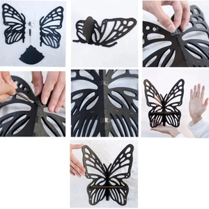 Assembly guide for black wooden butterfly crystal shelf showing parts and installation