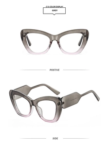Detail view of grey cat-eye sunglasses featuring a translucent gradient frame and wide temples
