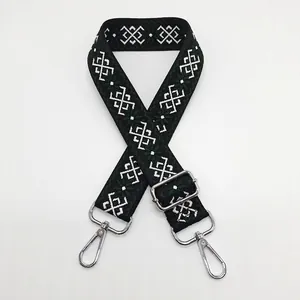 Close-up of ethnic jacquard canvas strap with geometric pattern and silver metal clasps
