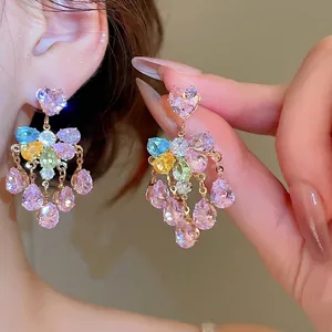 Sparkling zircon heart and colorful teardrop tassel earrings for women in gold finish