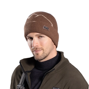 Men's winter knit beanie with warm fleece lining and mountain patch for outdoor cycling
