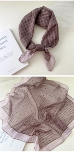 Close-up of lightweight linen cotton square scarf with brown floral patterns and patterns