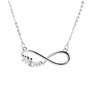 Silver infinity Mom pendant necklace in polished stainless steel with O-chain link