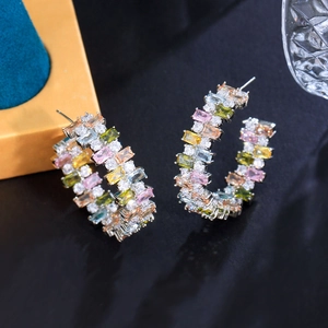 Rainbow C-hoop earrings featuring rectangular colored zircons and round crystals