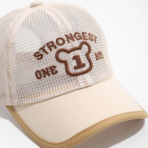 Kids breathable mesh baseball cap in beige with brown bear embroidery and text