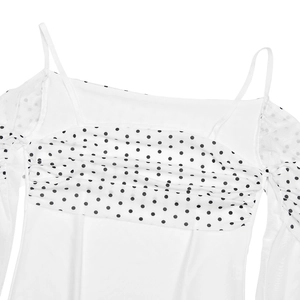 Detail of white off-shoulder top featuring polka dot mesh sleeves and pleated bodice