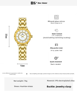 Detailed specs of the 32mm gold women's watch with Austrian crystals and quartz movement
