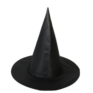 Detailed view of the black Oxford fabric witch hat with a pointed top and wide brim