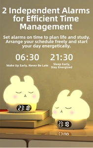 Macro view of silicone bunny night light with digital alarm clock on books