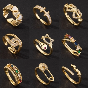 Adjustable Open Ring Copper Zircon Rhinestone Geometric Heart Star Crown Bow Trendy Jewelry For Women