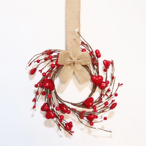 30cm Heart Shaped Wreath with red berries and burlap bow for Valentine door decor