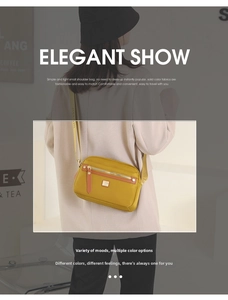 Detail of yellow nylon crossbody bag featuring brown leather trim and metal logo plaque