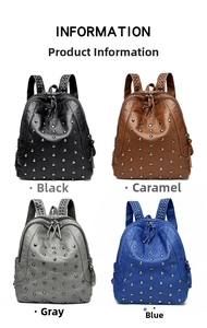 Detail view of retro studded backpacks in black, caramel, gray, and blue colors