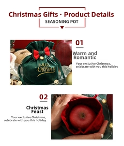Detail of Christmas velvet gift bags in green and red with gold Merry Christmas print