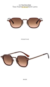 Detail view of tea frame sunglasses with gradient pink lenses and thin metal temples